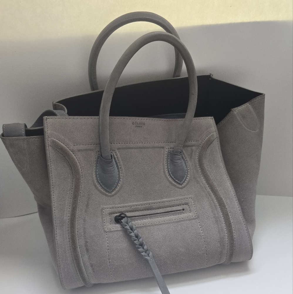 Authentic Celine Gray And Black Suede Tote Bag